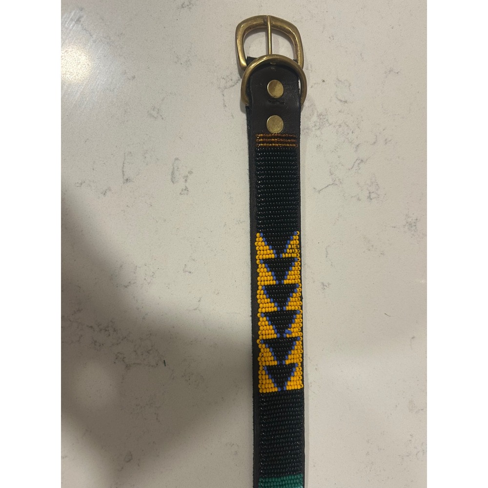 Handmade Beaded Leather Belt Kids Geometric Tribal Pattern Brass Buckle Black
